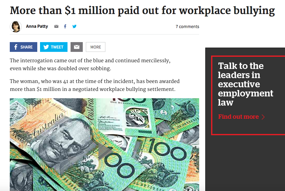 Payout of more than $1 million for workplace bullying
